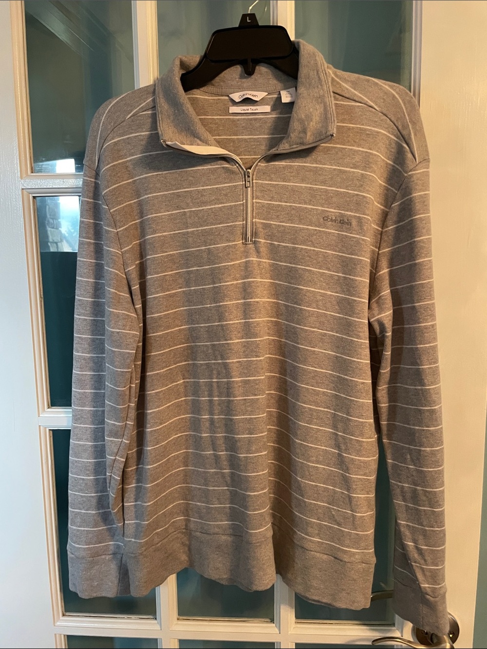 Calvin Klein Men's Light Gray Striped Half-Zip Sweater